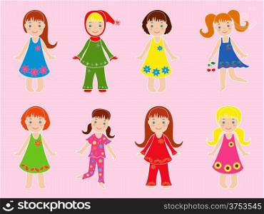 Eight small girls in various garments on a pink background, multicolor vector illustration