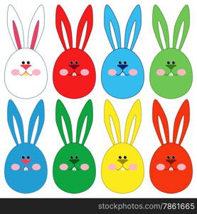 Eight stylized colorful Easter rabbit faces isolated on a white background, hand drawing vector illustration