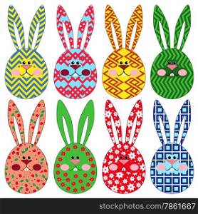 Eight stylized colorful Easter rabbit ornamental faces isolated on a white background, hand drawing vector illustration
