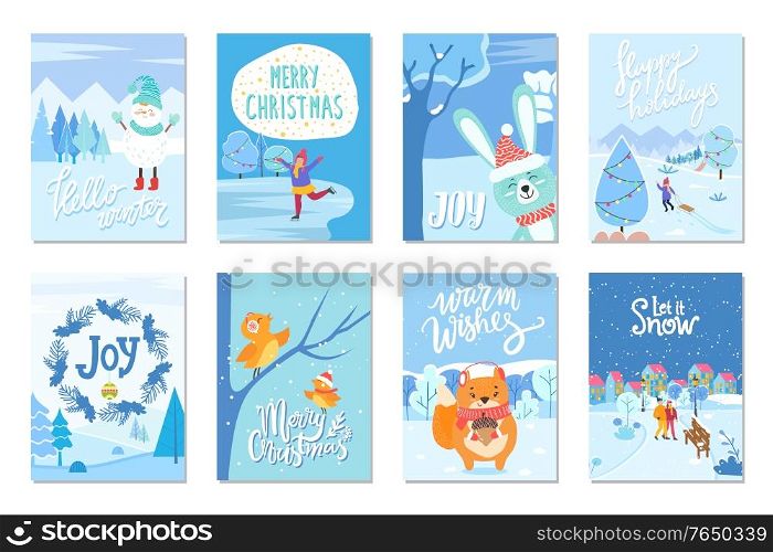 Eight winter postcards that greeting with xmas. Captions that wishing happy winter holidays, merry christmas and joy. Snowman and birds, squirrel and hare, people on cards. Vector illustration in flat. Merry Christmas and Happy Holidays, Warm Wishes