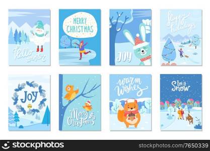 Eight winter postcards that greeting with xmas. Captions that wishing happy winter holidays, merry christmas and joy. Snowman and birds, squirrel and hare, people on cards. Vector illustration in flat. Merry Christmas and Happy Holidays, Warm Wishes