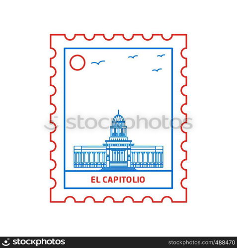 EL CAPITOLIO postage stamp Blue and red Line Style, vector illustration