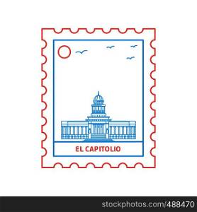EL CAPITOLIO postage stamp Blue and red Line Style, vector illustration