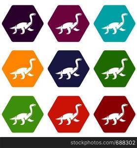 Elasmosaurine dinosaur icon set many color hexahedron isolated on white vector illustration. Elasmosaurine dinosaur icon set color hexahedron