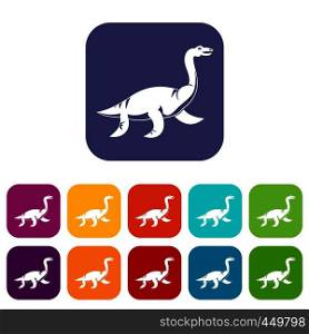 Elasmosaurine dinosaur icons set vector illustration in flat style In colors red, blue, green and other. Elasmosaurine dinosaur icons set flat