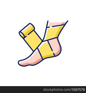 Elastic bandage RGB color icon. Suffer from injury. Hurt foot. Join trauma treatment. Medical equipment to help patient. Damaged leg recovery. Health care. Isolated vector illustration. Elastic bandage RGB color icon