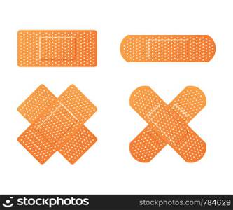 Elastic medical plasters. Adhesive bandage, called a sticking plaster collection. Vector stock illustration.