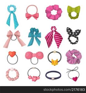 Elastic scrunchy. Fashion ribbons for women hairs headband decorative accessories recent vector colored pictures isolated. Headband and ribbon, ponytail decoration illustration. Elastic scrunchy. Fashion ribbons for women hairs headband decorative accessories recent vector colored pictures isolated