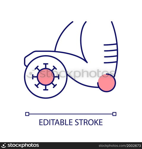 Elbow joint infection RGB color icon. Joint inflammation and swelling. Viral disorder. Arthritis and bursitis. Arm injury. Isolated vector illustration. Simple filled line drawing. Editable stroke. Elbow joint infection RGB color icon