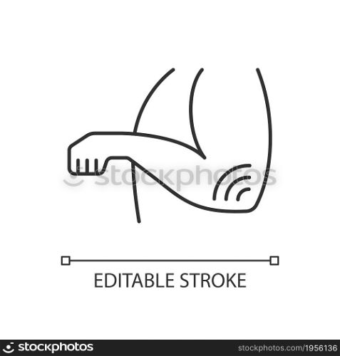 Elbow rheumatism linear icon. Soft tissue disorder. Rheumatoid arthritis. Throbbing pain in joint. Thin line customizable illustration. Contour symbol. Vector isolated outline drawing. Editable stroke. Elbow rheumatism linear icon