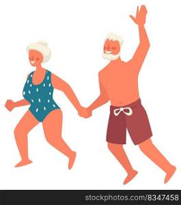 Elder man and woman on vacation enjoying summer holidays. Senior people wearing swimsuits running and having fun. Seaside and rest by ocean shore, grandmother and grandfather. Vector in flat. Senior people having fun, elder man and woman