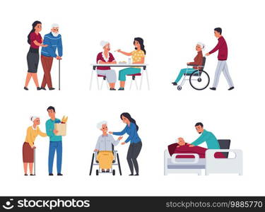 Elder people care. Volunteers helping old people. Isolated cartoon young men and women support retirement persons. Disabled senior humans walking with cane and moving in wheelchair, vector flat set. Elder people care. Volunteers helping old people. Cartoon young men and women support retirement persons. Disabled senior humans walking with cane and moving in wheelchair, vector set