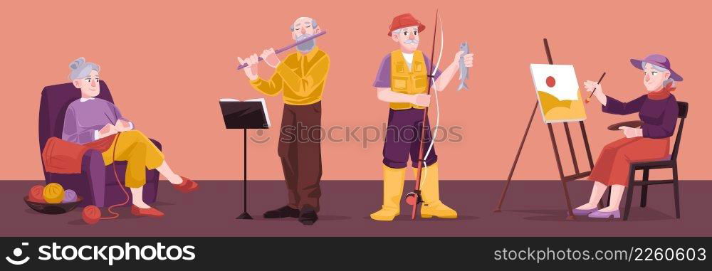 Elder people hobbies, fishing, painting, knitting and play music. Vector set of flat illustration with senior men and women with flute, fish, easel and yarn. Grandparents enjoy hobby on retirement. Elder people hobbies, fishing, painting, knitting