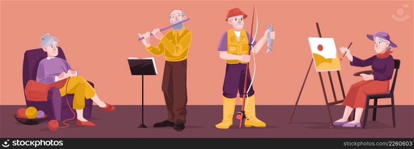 Elder people hobbies, fishing, painting, knitting and play music. Vector set of flat illustration with senior men and women with flute, fish, easel and yarn. Grandparents enjoy hobby on retirement. Elder people hobbies, fishing, painting, knitting