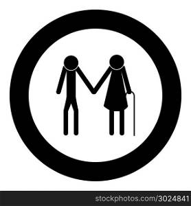 Elder people stick black icon in circle vector illustration isolated flat style .