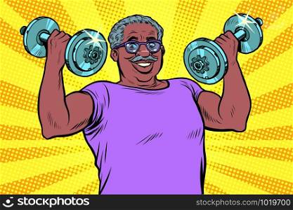 elderly african man lifts dumbbells, fitness sport. Pop art retro vector illustration drawing vintage kitsch. elderly african man lifts dumbbells, fitness sport