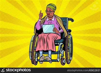 elderly African woman disabled person in a wheelchair, gadget tablet. Pop art retro vector illustration. elderly African woman disabled person in a wheelchair, gadget ta