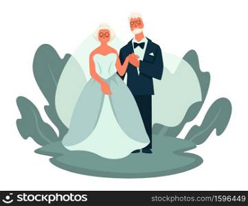 Elderly bride and groom, old couple wedding day and marriage ceremony isolated characters vector. Woman in gown and man in tuxedo, party celebration. Grey husband and wife, newlyweds and honeymoon. Old couple wedding day, elderly bride and groom