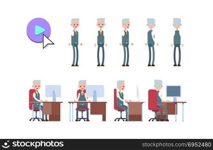 elderly businessman. cartoon character animation kit. poses while standing and sitting