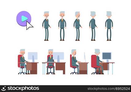 elderly businessman. cartoon character animation kit. poses while standing and sitting