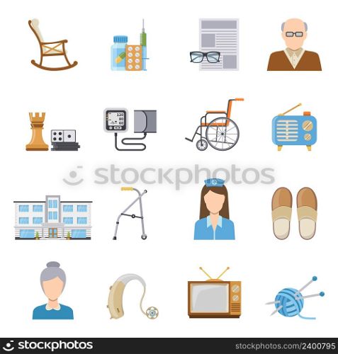 Elderly care in nursing home decorative icons set of wheelchair crutch tonometer medication board games isolated elements flat vector illustration . Elderly Care In Nursing Home Icons