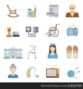 Elderly care in nursing home decorative icons set of wheelchair crutch tonometer medication board games isolated elements flat vector illustration . Elderly Care In Nursing Home Icons