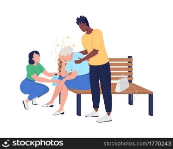 Elderly care semi flat color vector characters. Figures providing emergency care. Full body people on white. Summer heat isolated modern cartoon style illustration for graphic design and animation. Elderly care semi flat color vector characters