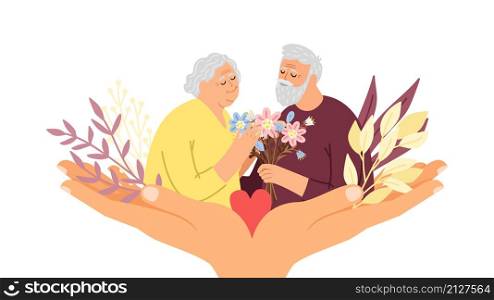 Elderly care. Support old people, cartoon grandparents together. Cute seniors with flowers in giant hands. Elderly care concept illustration