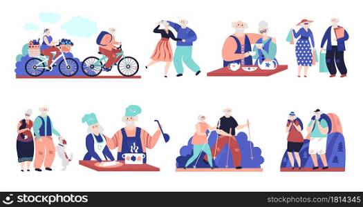 Elderly characters. Old people activities, cartoon seniors camping hiking. Grandparents family drink tea, ride bicycle vector set. Female and male, grandfather and grandmother recreation illustration. Elderly characters. Old people activities, cartoon seniors camping hiking. Grandparents lifestyle, family drink tea, ride bicycle vector set
