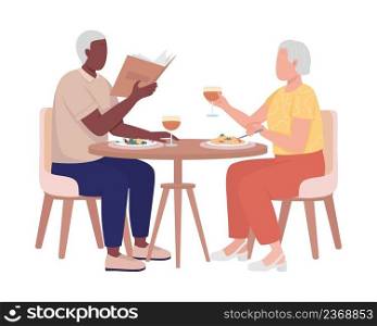 Elderly couple having dinner together semi flat color vector characters. Sitting figures. Full body people on white. Simple cartoon style illustration for web graphic design and animation. Elderly couple having dinner together semi flat color vector characters