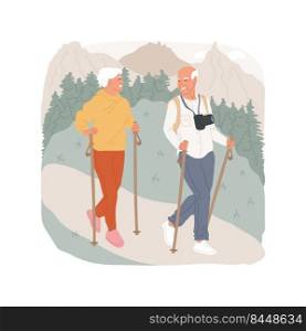 Elderly couple hiking isolated cartoon vector illustration. Active elderly couple walking in nature, grandparents with hiking sticks, family tourism, mountain trekking adventure vector cartoon.. Elderly couple hiking isolated cartoon vector illustration.
