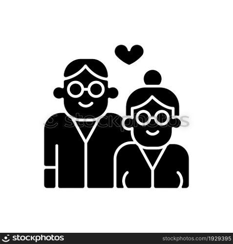 Elderly couple in love black glyph icon. Long term romantic relations. Everlasting love. Married for long time. Grow old with together. Silhouette symbol on white space. Vector isolated illustration. Elderly couple in love black glyph icon
