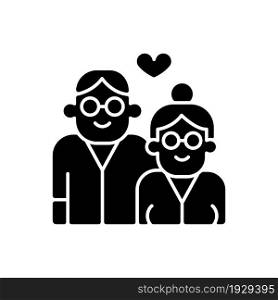 Elderly couple in love black glyph icon. Long term romantic relations. Everlasting love. Married for long time. Grow old with together. Silhouette symbol on white space. Vector isolated illustration. Elderly couple in love black glyph icon