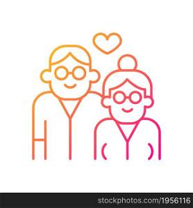 Elderly couple in love gradient linear vector icon. Everlasting love. Married for long time. Grow old with each other. Thin line color symbol. Modern style pictogram. Vector isolated outline drawing. Elderly couple in love gradient linear vector icon