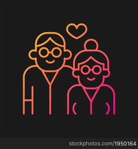 Elderly couple in love gradient vector icon for dark theme. Long term romantic relationship. Married for long time. Thin line color symbol. Modern style pictogram. Vector isolated outline drawing. Elderly couple in love gradient vector icon for dark theme