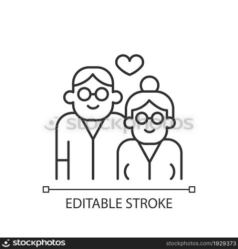 Elderly couple in love linear icon. Long term romantic relationship. Married for long time. Thin line customizable illustration. Contour symbol. Vector isolated outline drawing. Editable stroke. Elderly couple in love linear icon