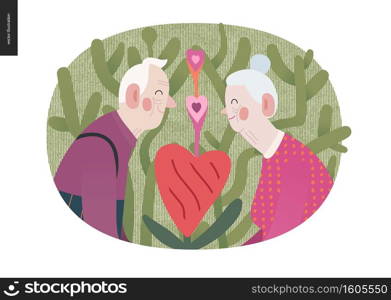 Elderly couple in love - Valentines day graphics. Modern flat vector concept illustration -an old hetoresexual couple holding their hands, a heart shaped plant between. Cute characters in love concept. Elderly couple in love - Valentine graphics