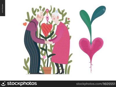 Elderly couple in love - Valentines day graphics. Modern flat vector concept illustration -an old hetoresexual couple holding their hands, a heart shaped plant between. Cute characters in love concept. Elderly couple in love - Valentine graphics