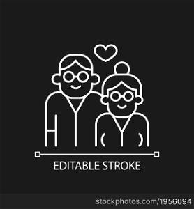 Elderly couple in love white linear icon for dark theme. Everlasting love. Growing old together. Thin line customizable illustration. Isolated vector contour symbol for night mode. Editable stroke. Elderly couple in love white linear icon for dark theme