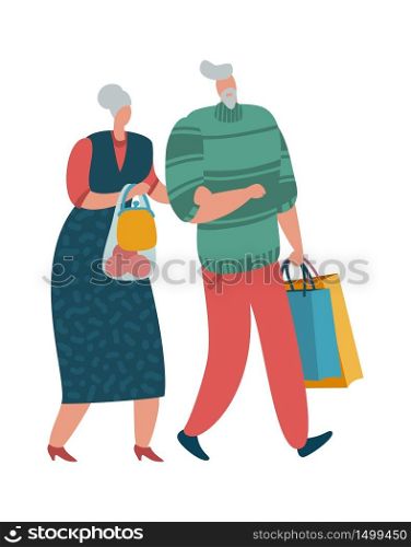 Elderly couple. Old man and woman walking together with bags, flat vector shopper characters. Elderly couple. Old man and woman walking with bags, flat vector shopper characters