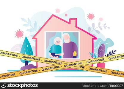 Elderly couple stays at home during global coronavirus pandemic. Grandparents are sitting on forced self-isolation. Home covered with warning yellow tapes. Healthcare concept. Flat vector illustration. Elderly couple stays at home during global coronavirus pandemic. Grandparents are sitting on forced self-isolation