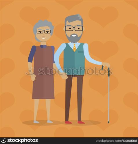 Elderly couple vector illustration. Flat design. Gray-haired smiling grandparents walking holding hands. Strong and lasting relationships. Deep human affection. For happy retirement concept. On orange. Elderly Couple Vector Illustration in Flat Design. Elderly Couple Vector Illustration in Flat Design