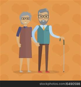 Elderly couple vector illustration. Flat design. Gray-haired smiling grandparents walking holding hands. Strong and lasting relationships. Deep human affection. For happy retirement concept. On orange. Elderly Couple Vector Illustration in Flat Design. Elderly Couple Vector Illustration in Flat Design