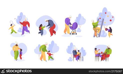 Elderly family. Grandmother and grandfather playing with grandchildren funny kids walking with family garish vector illustrations. Grandmother and grandchildren, family together. Elderly family. Grandmother and grandfather playing with grandchildren funny kids walking with family garish vector illustrations
