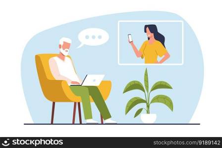 Elderly father communicates with his daughter via laptop. Online communication, video call, older generation mastering technologies cartoon flat style isolated illustration. Vector grandparent concept. Elderly father communicates with his daughter via laptop. Online communication, video call, older generation mastering technologies cartoon flat style isolated illustration. Vector concept