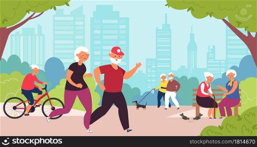 Elderly in park. Old people, senior healthy lifestyle. Retired family walk, cartoon grandparents summer recreation decent vector concept. Senior old in park siiting on bench and walking illustration. Elderly in park. Old people, senior healthy nature lifestyle. Retired family walk, cartoon grandparents summer recreation decent vector concept