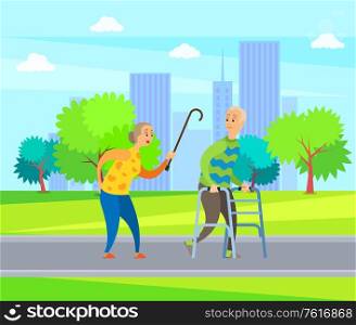 Elderly male vector, disabled man in green sweater looks back on angry old lady with wooden stick, quarrel between old people in city park with trees. Urban Walk in City Grandmother and Grandfather