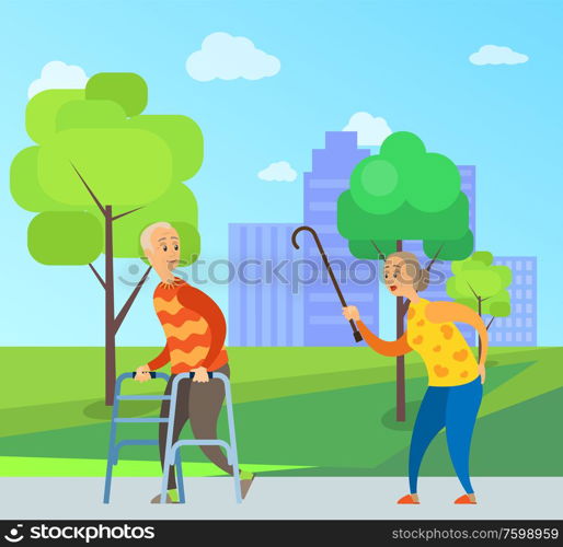 Elderly male vector, disabled man in red sweater looks back on angry old lady with wooden stick, quarrel between old people in city park with trees. Urban Walk in City Grandmother and Grandfather