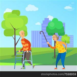 Elderly male vector, disabled man in red sweater looks back on angry old lady with wooden stick, quarrel between old people in city park with trees. Urban Walk in City Grandmother and Grandfather