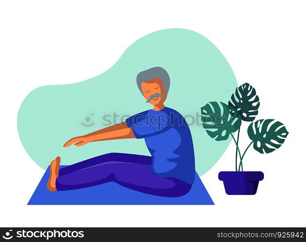 Elderly man doing yoga or stretching on mat, old person doing sport exercise and meditation. male flat character and potted flower on white background, vector illustration. Yoga Different People
